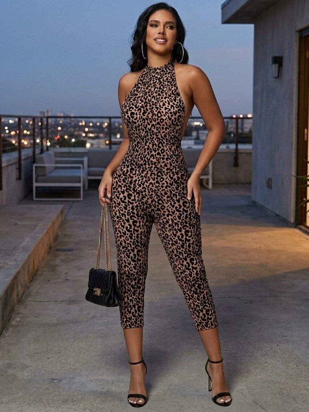 Leopard Print Halter Capri Jumpsuit